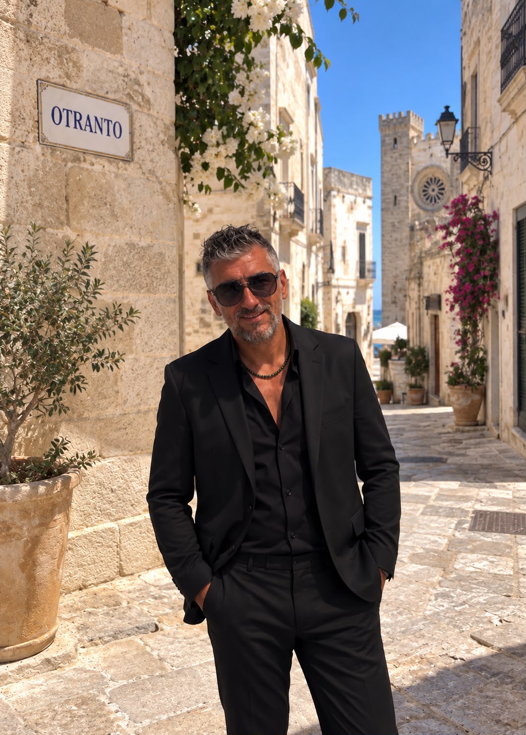 Pascal Cisternino en costume noir dans une ruelle d’Otranto.